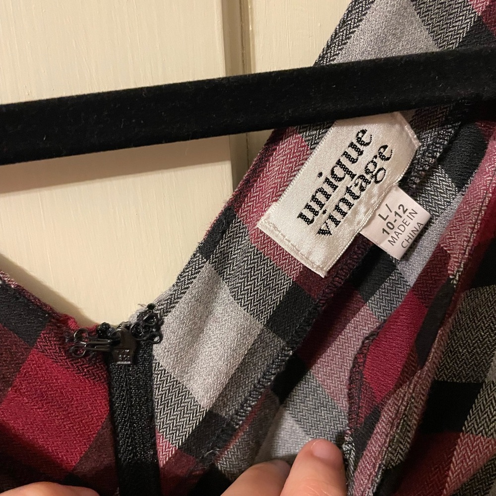 Unique Vintage Red Gray Black Plaid Fit-and-Flare Dress - Picture 5 of 6